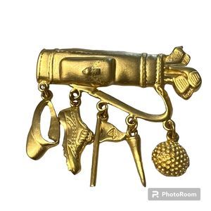 J.J. Signed Vintage Golf Themed Goldtone Charm Brooch Pin 2" x 1.5"